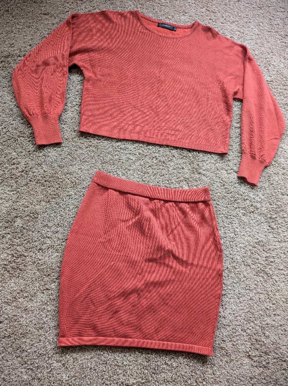 Cropped Puff Sleeve Sweater Bodycon Mini Skirt 2 Piece Set Large